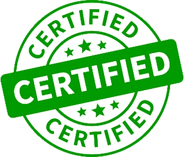 Timbro verde rotondo con scritta "CERTIFIED".